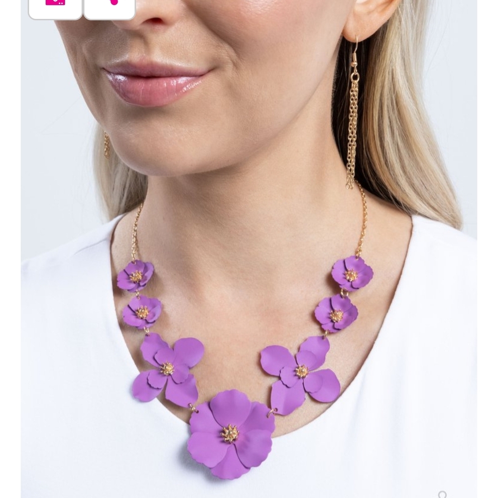Floral Purple & Gold Necklace w/ Earrings